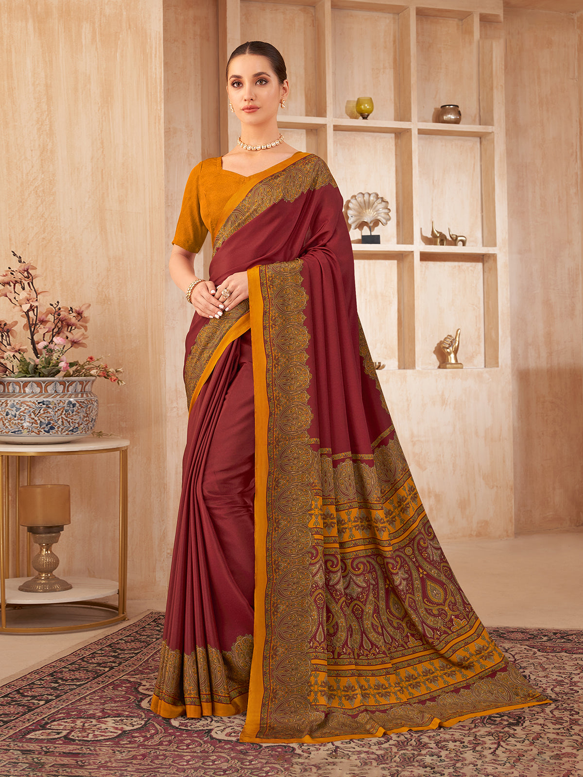 Maroon printed contrast border crepe silk casual saree