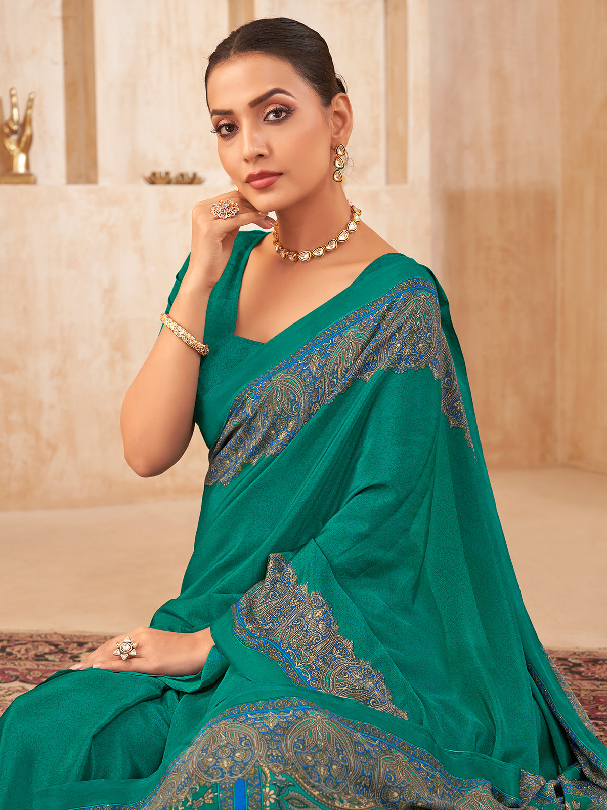 Rama green printed crepe silk casual everyday saree
