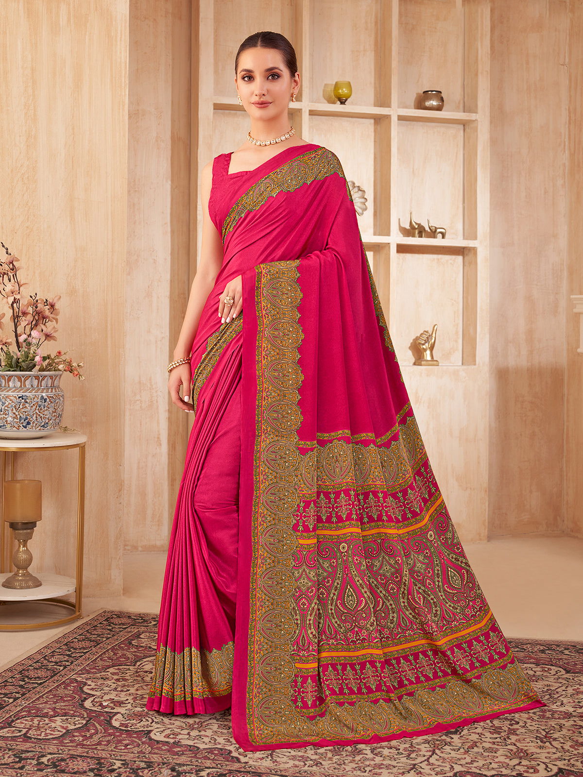 Magenta printed crepe silk elegant casual wear saree