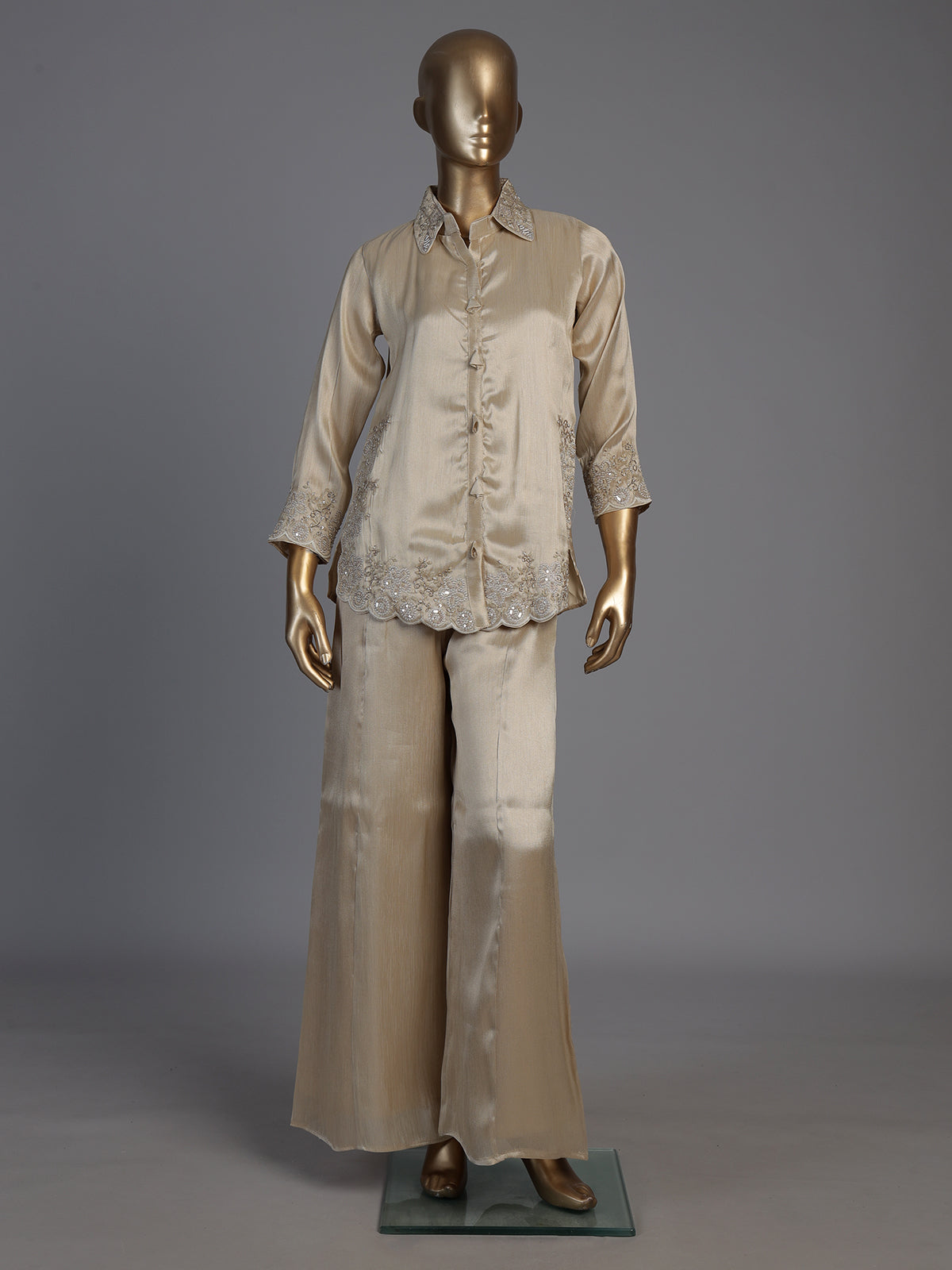 Beige luxury embroidered silk co-ord set
