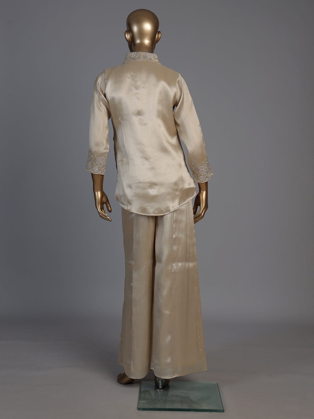 Beige luxury embroidered silk co-ord set