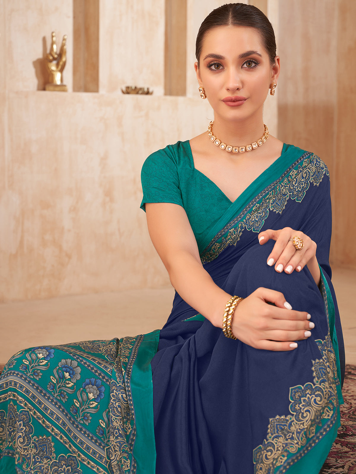 Navy printed contrast border crepe silk casual saree
