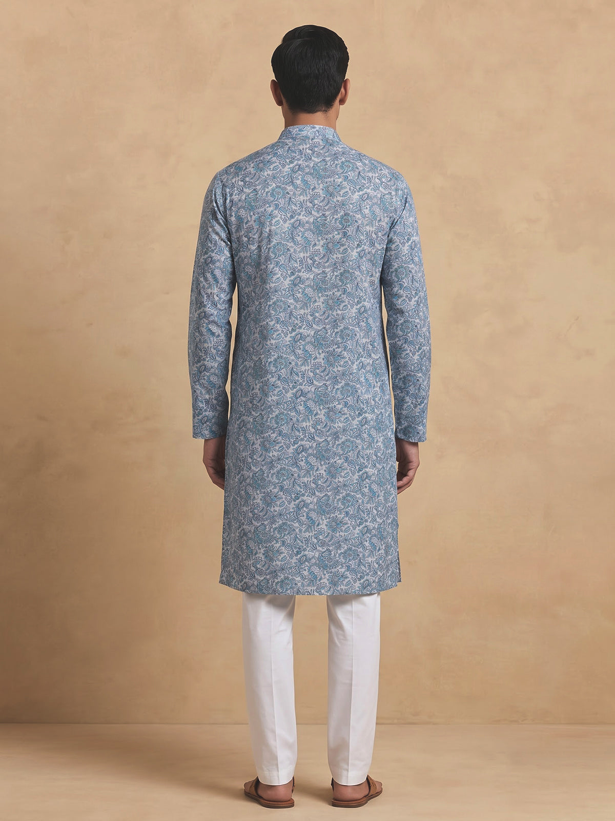 Blue floral linen silk festive kurta suit for men with pants