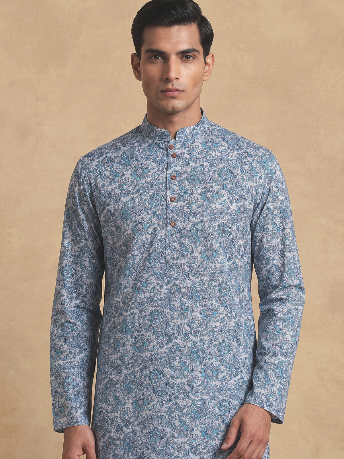 Blue floral linen silk festive kurta suit for men with pants