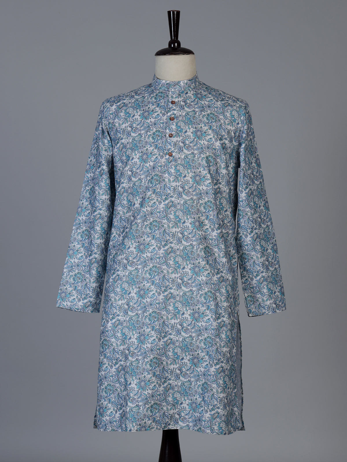 Blue floral linen silk festive kurta suit for men with pants