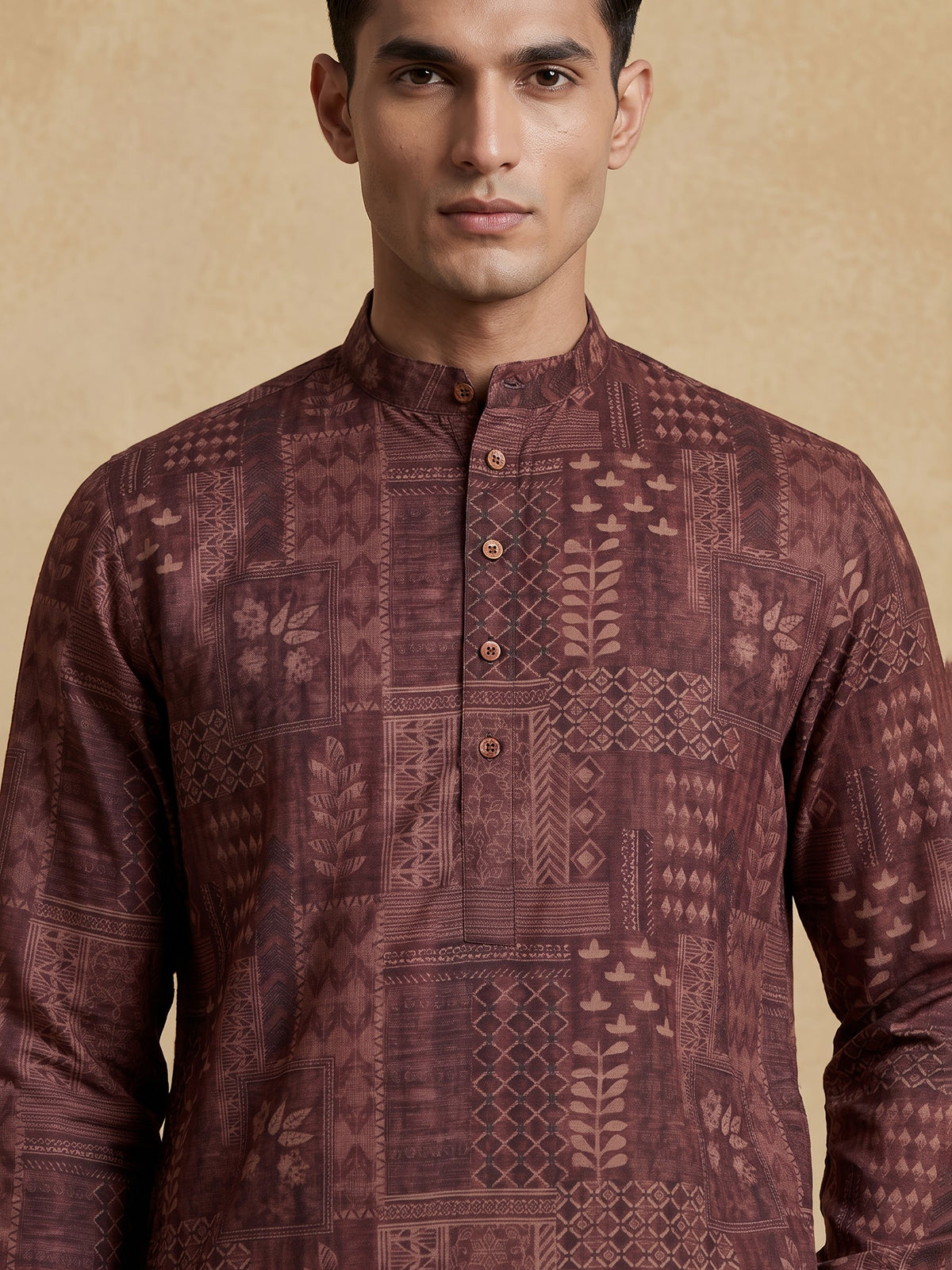 Wine printed cotton silk festive kurta suit for men with elegant styling