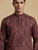 Wine printed cotton silk festive kurta suit for men with elegant styling