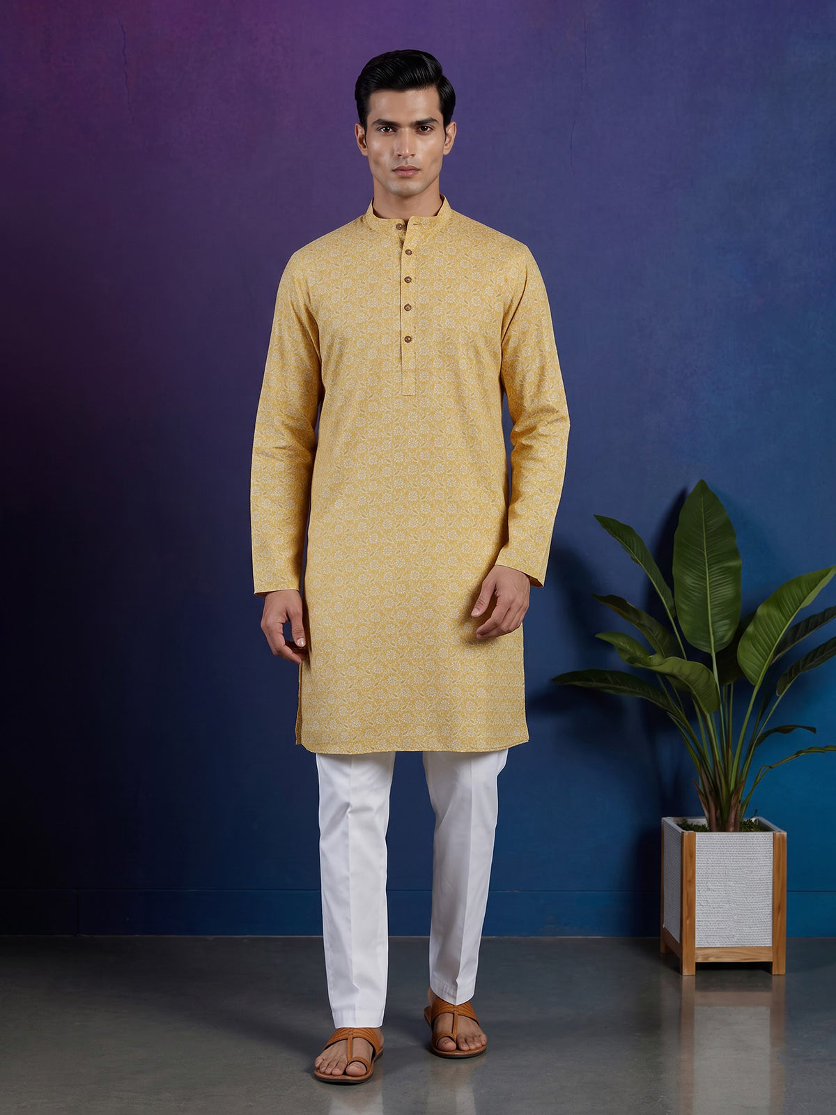 Mustard yellow floral linen silk festive kurta suit for men