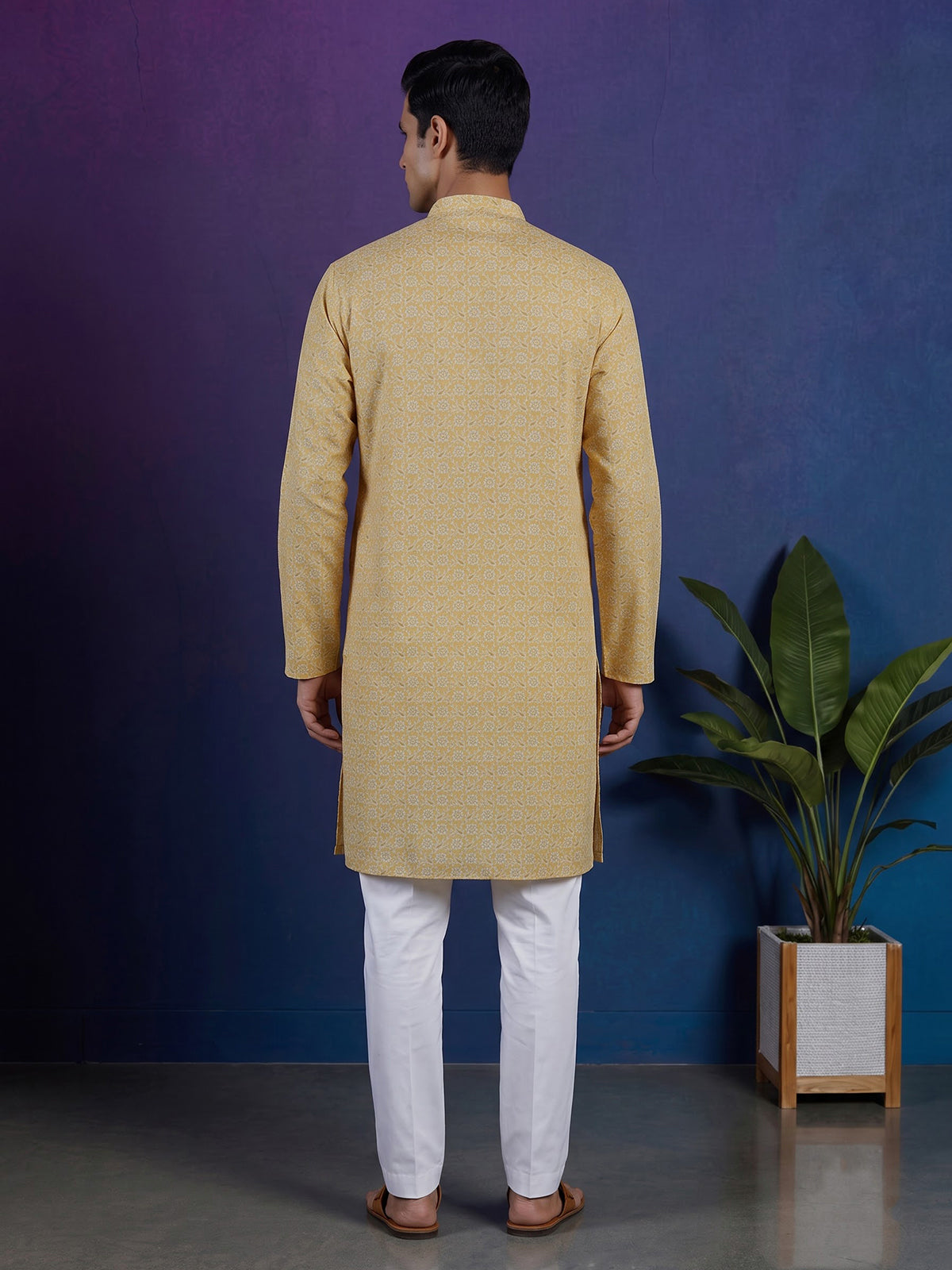 Mustard yellow floral linen silk festive kurta suit for men