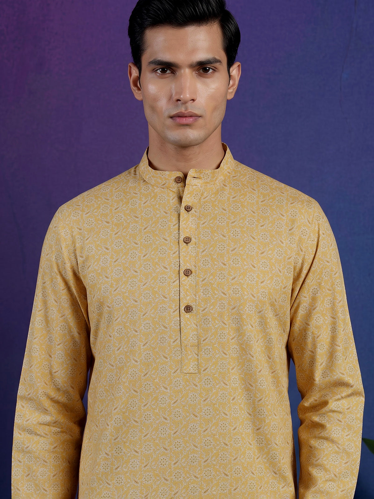 Mustard yellow floral linen silk festive kurta suit for men
