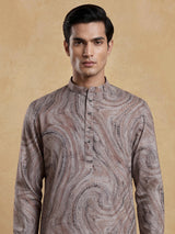 Brown printed cotton silk festive mandarin kurta suit for men