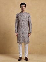 Brown printed cotton silk festive mandarin kurta suit for men