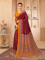 Maroon printed contrast border crepe silk stylish saree