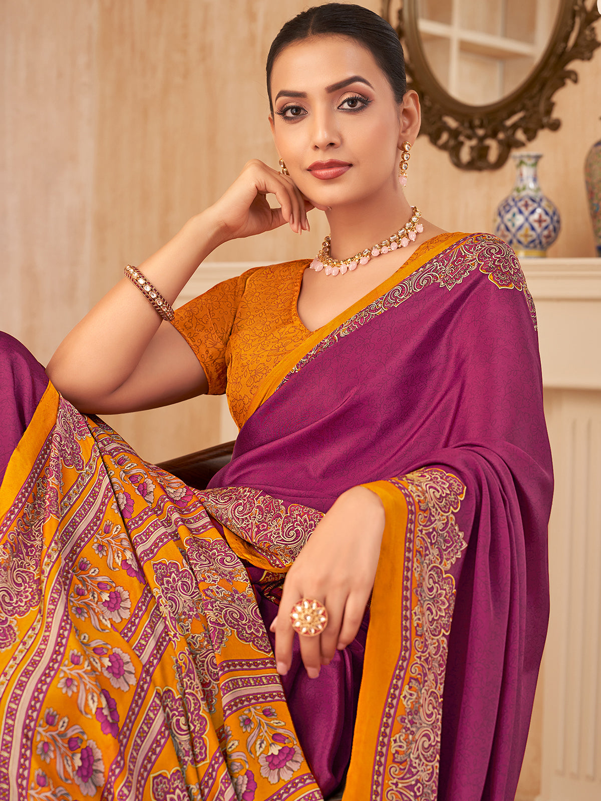 Purple printed contrast border crepe silk casual saree