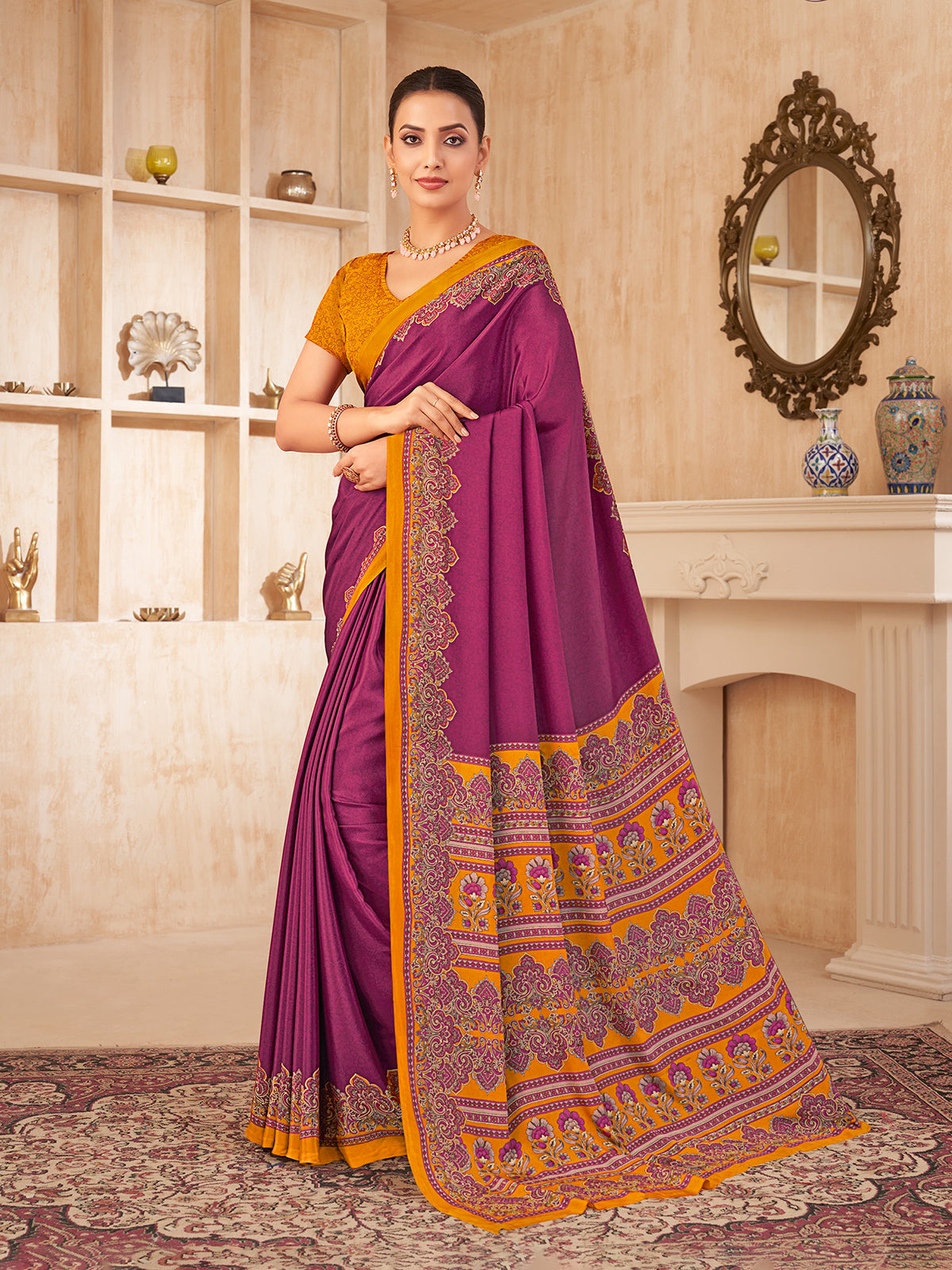 Purple printed contrast border crepe silk casual saree