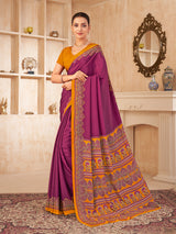 Purple printed contrast border crepe silk casual saree