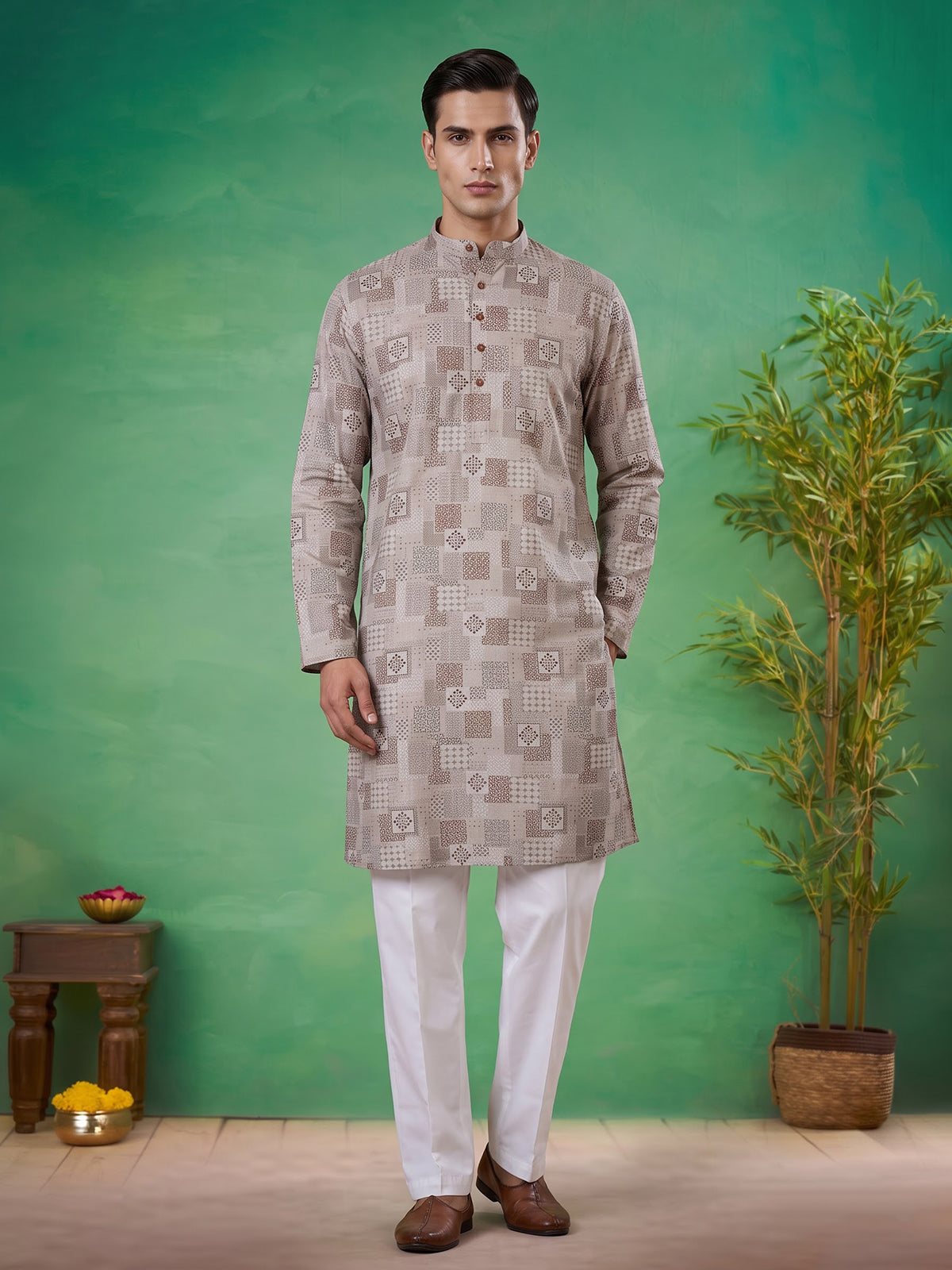 Beige printed cotton silk traditional festive kurta suit for men