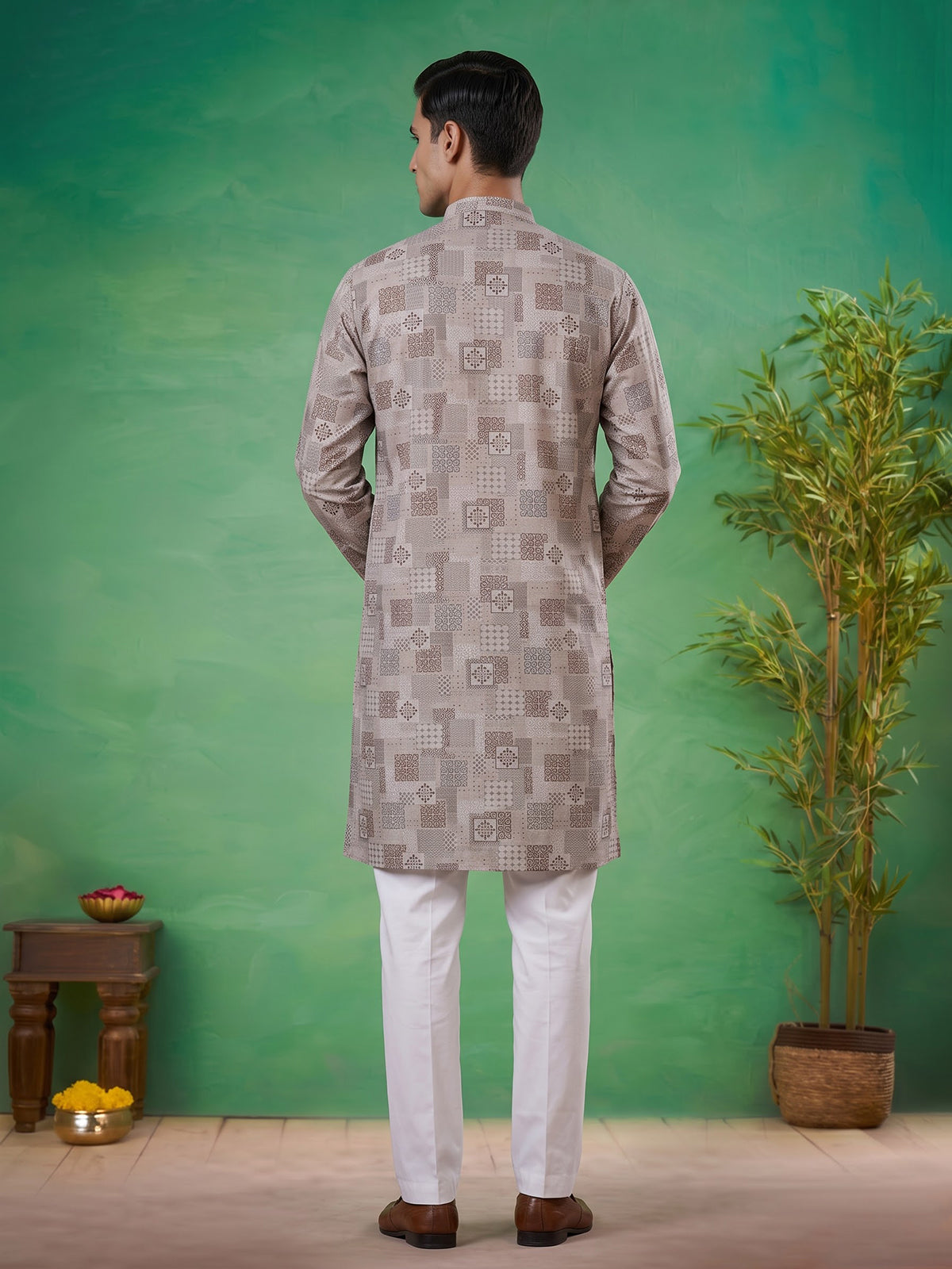 Beige printed cotton silk traditional festive kurta suit for men