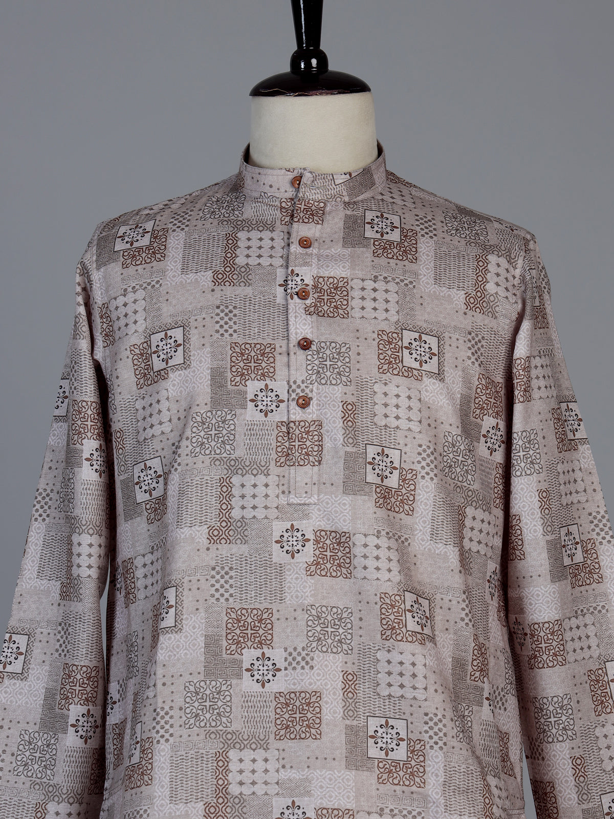 Beige printed cotton silk traditional festive kurta suit for men
