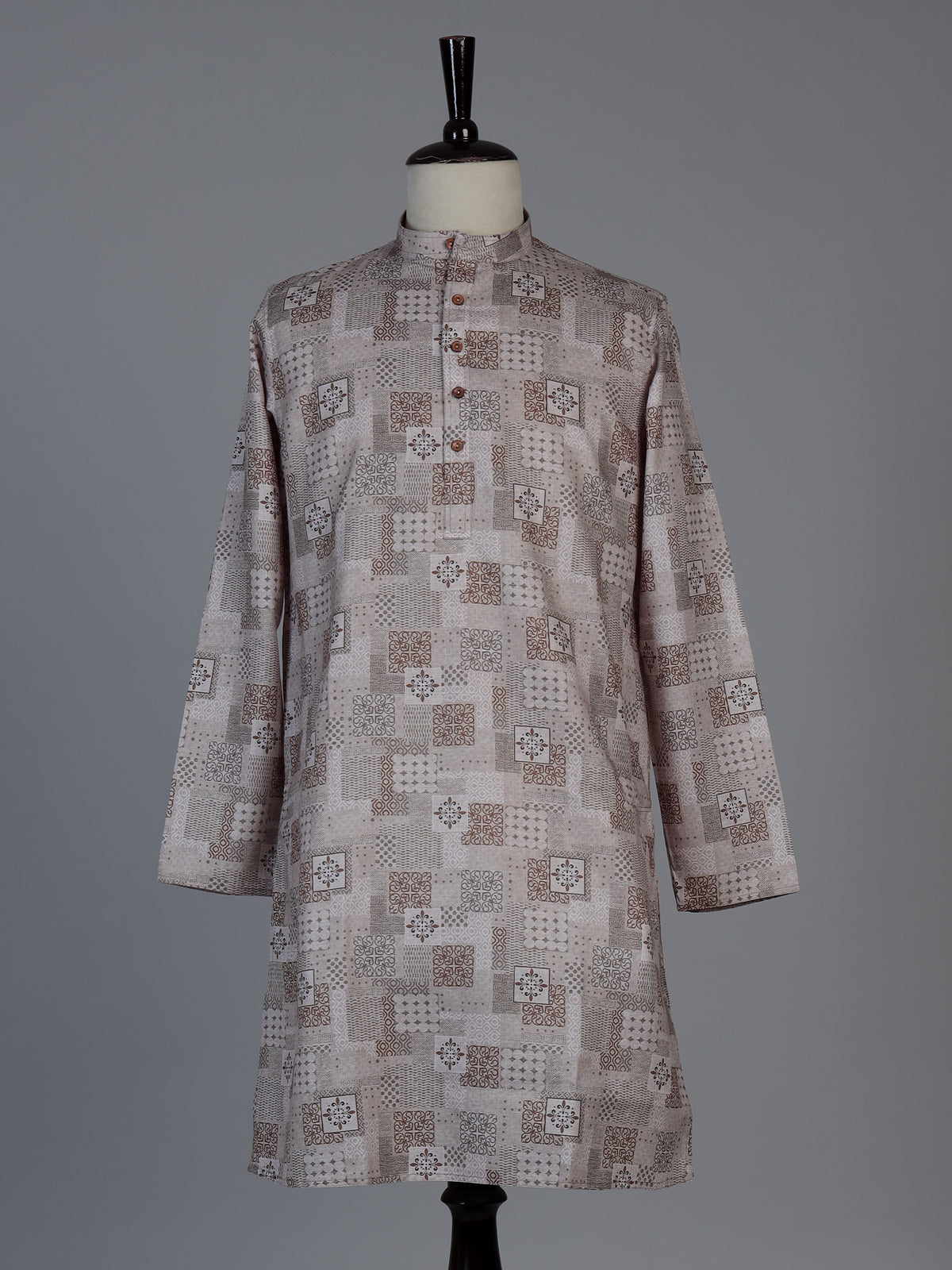 Beige printed cotton silk traditional festive kurta suit for men
