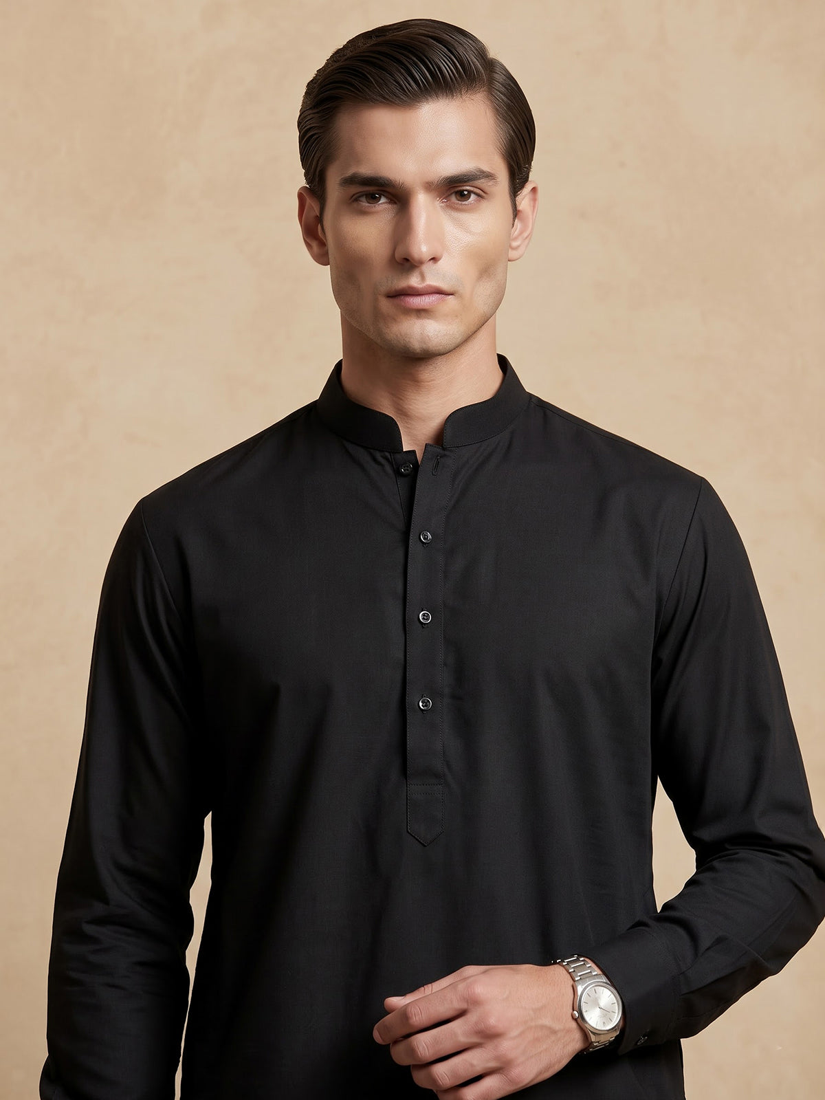 Black plain cotton silk festive eid kurta suit for men