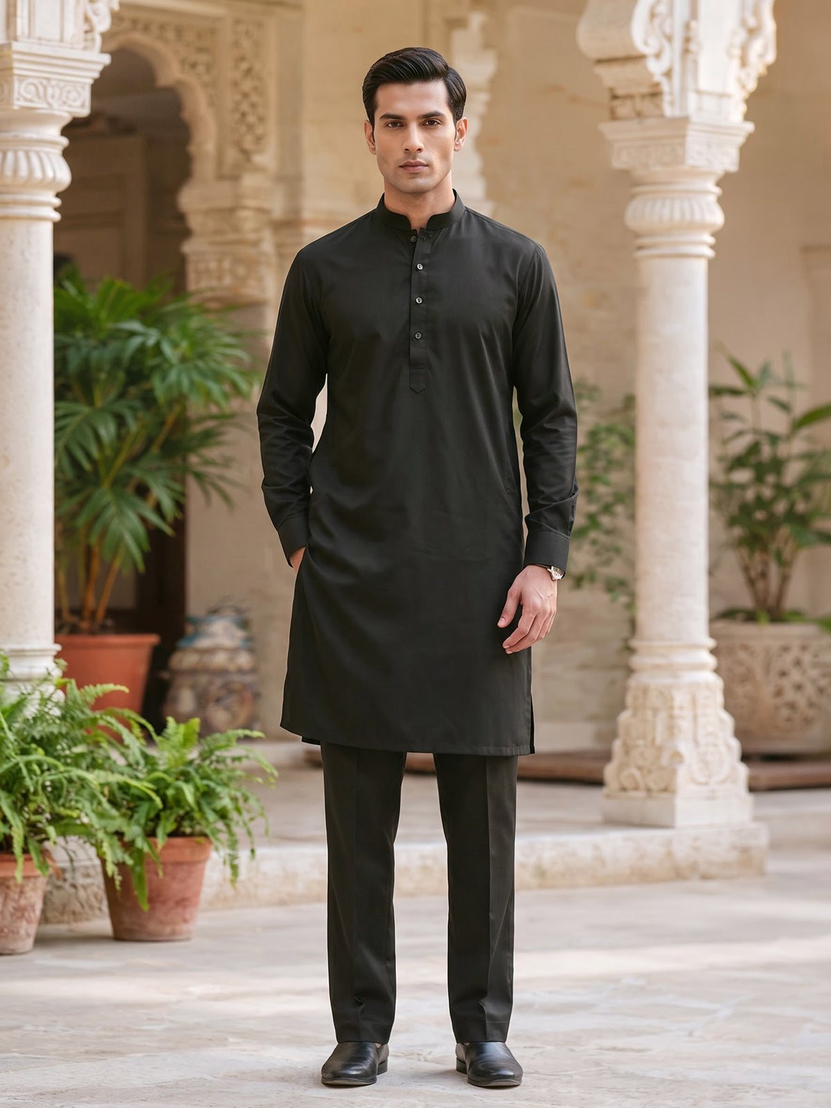 Mehendi yellow plain cotton silk festive eid kurta suit for men