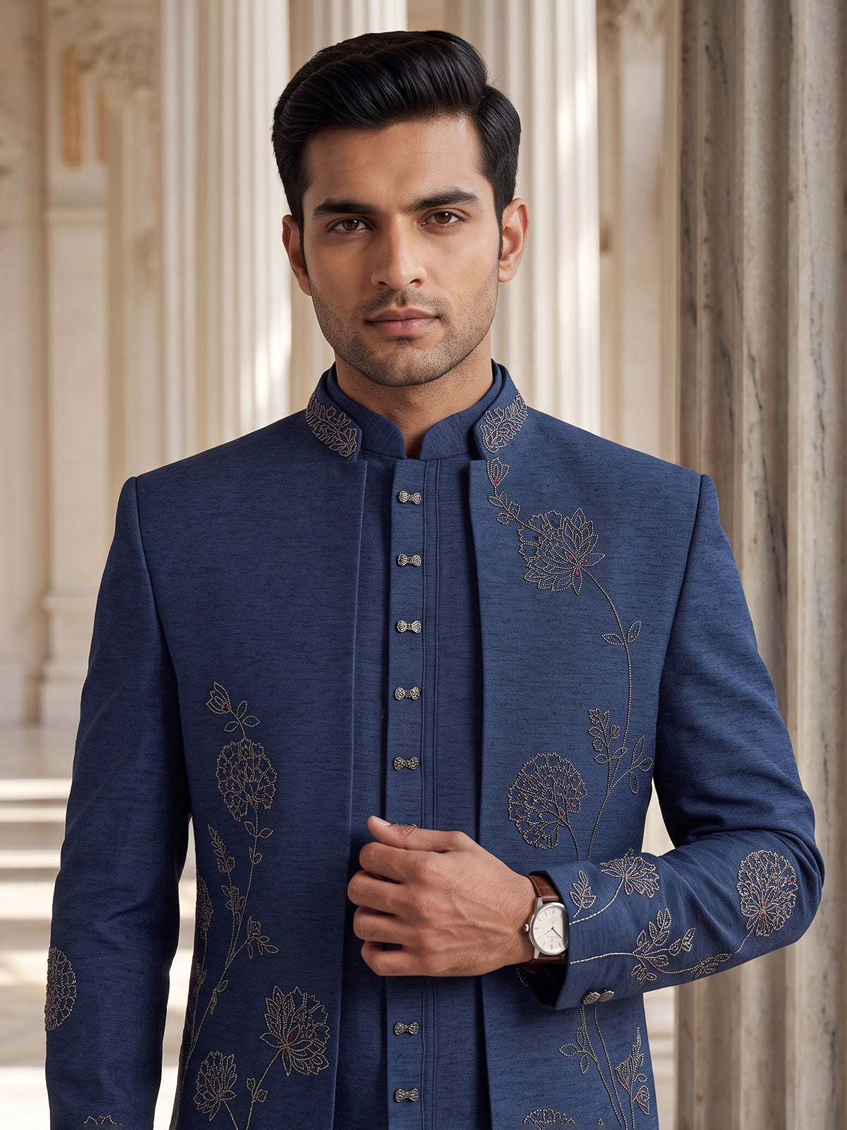 Navy blue royal mens embroidered indo western suit