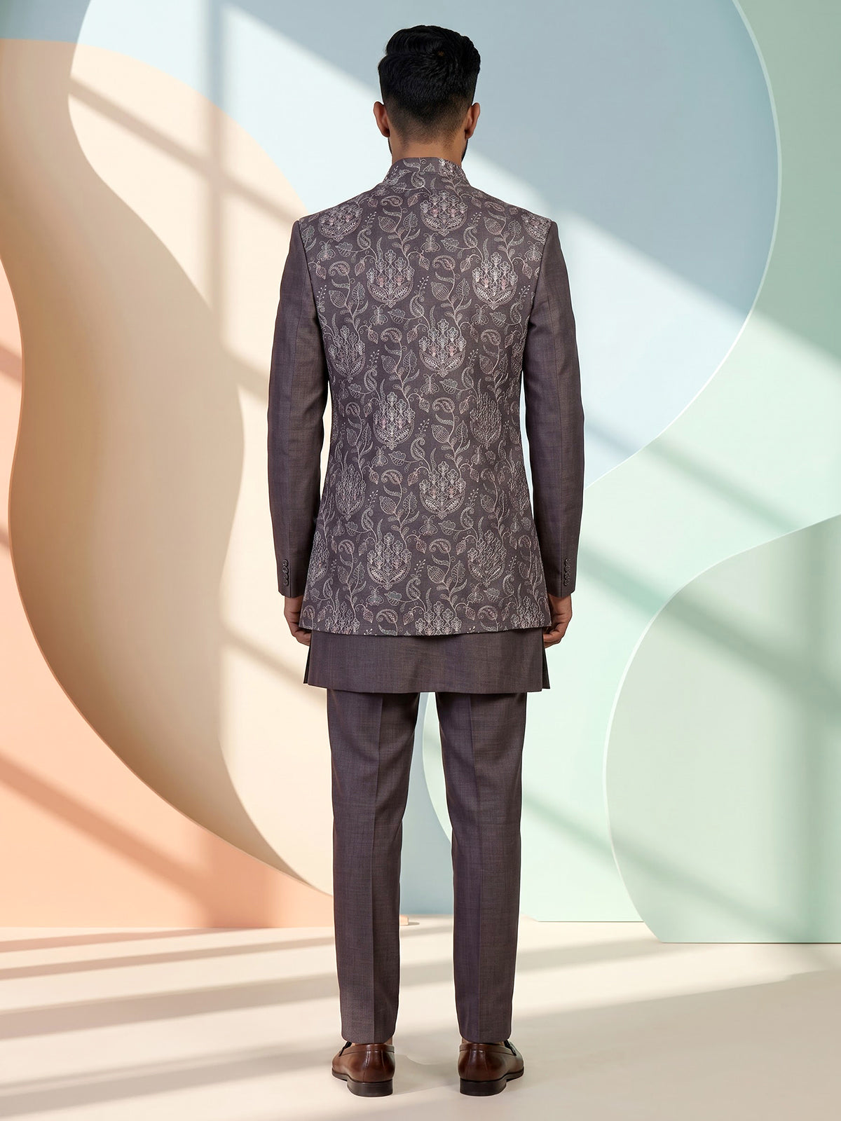 Wine majestic mens brocade silk indo western