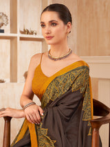 Charcoal grey printed contrast border crepe silk saree