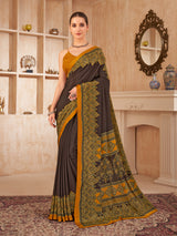 Charcoal grey printed contrast border crepe silk saree