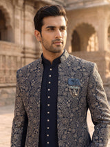 Peacock blue premium mens jacquard indo western