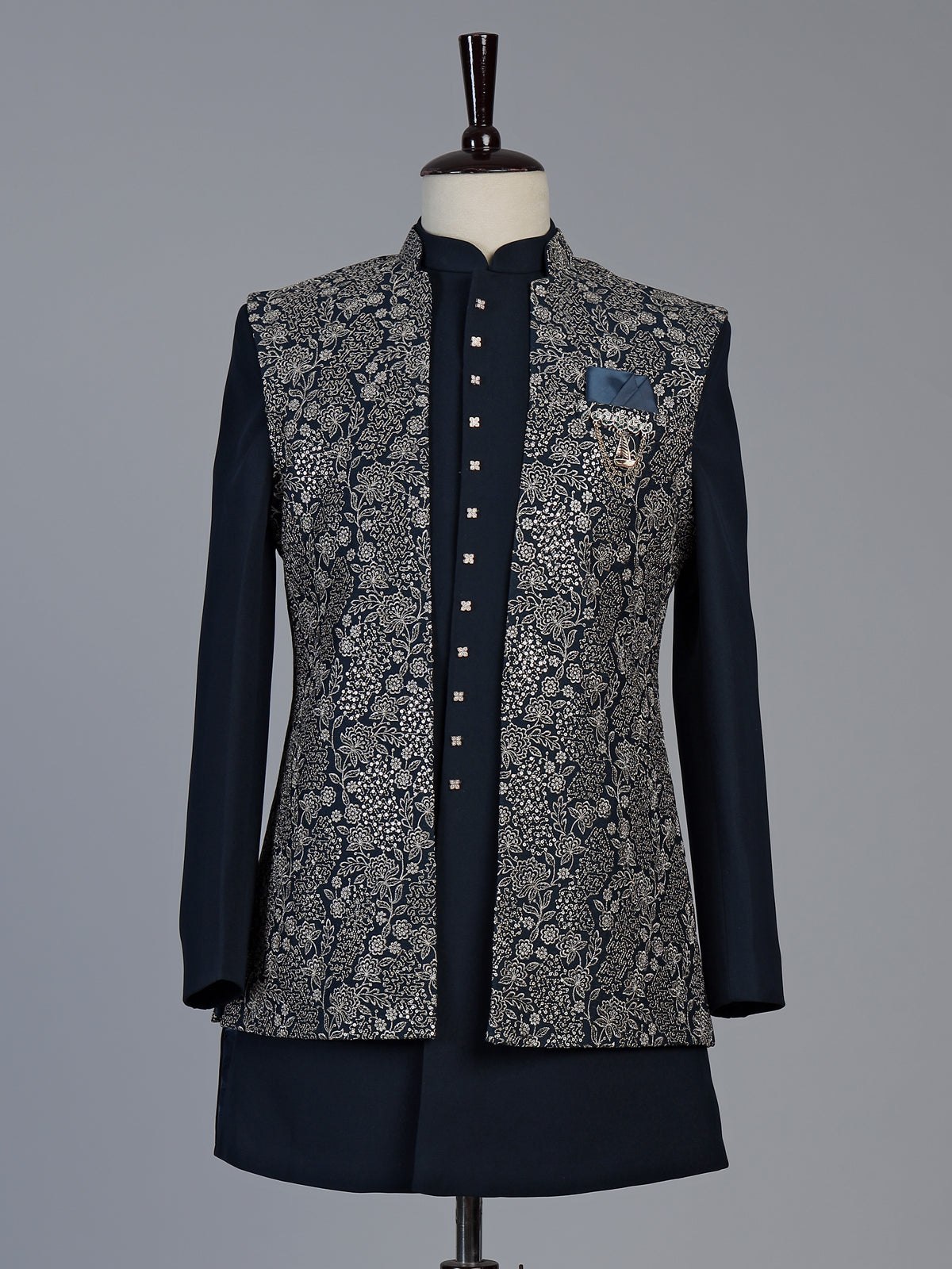 Peacock blue premium mens jacquard indo western