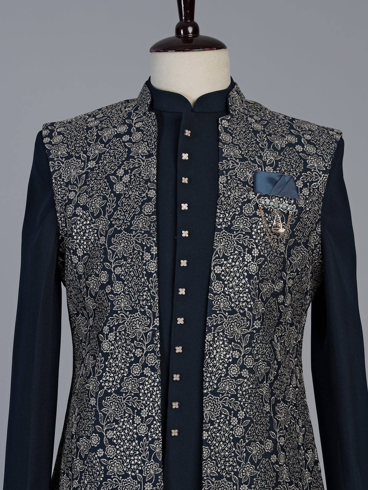 Peacock blue premium mens jacquard indo western