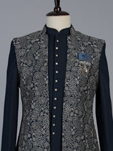 Peacock blue premium mens jacquard indo western