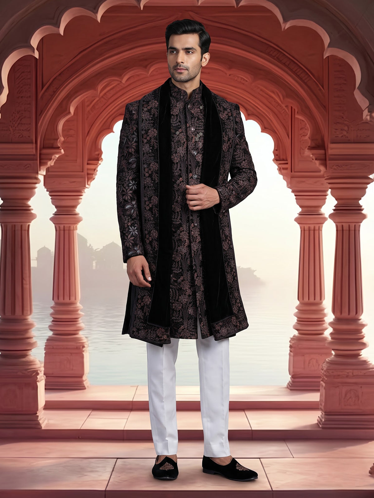 Black regal men velvet indo western set