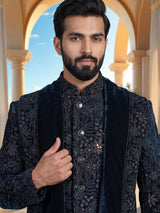 Rama blue luxury men velvet indo western