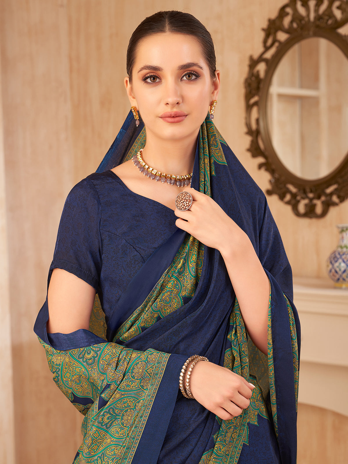 Blue printed crepe silk elegant casual everyday saree