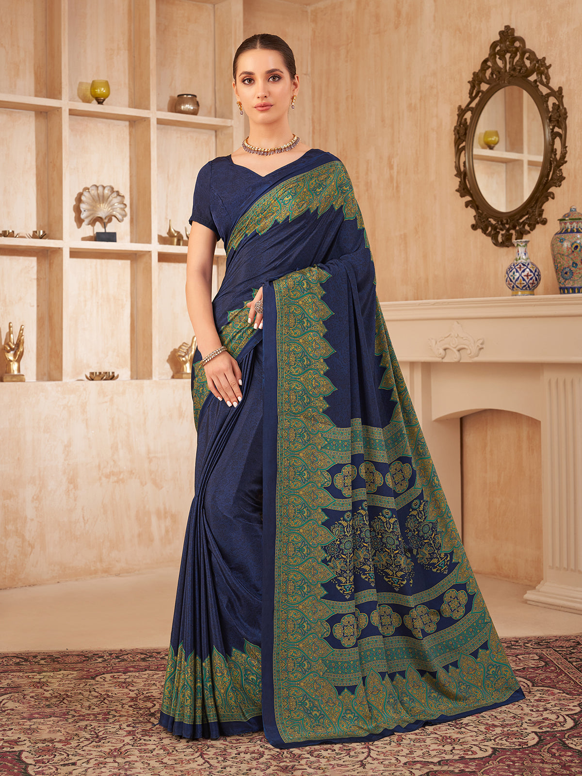 Blue printed crepe silk elegant casual everyday saree