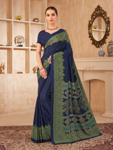 Blue printed crepe silk elegant casual everyday saree