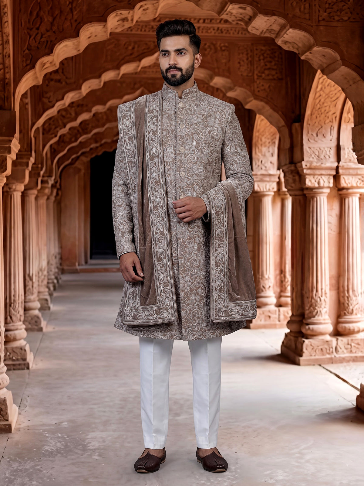 Khakhi brown heritage mens velvet indo western