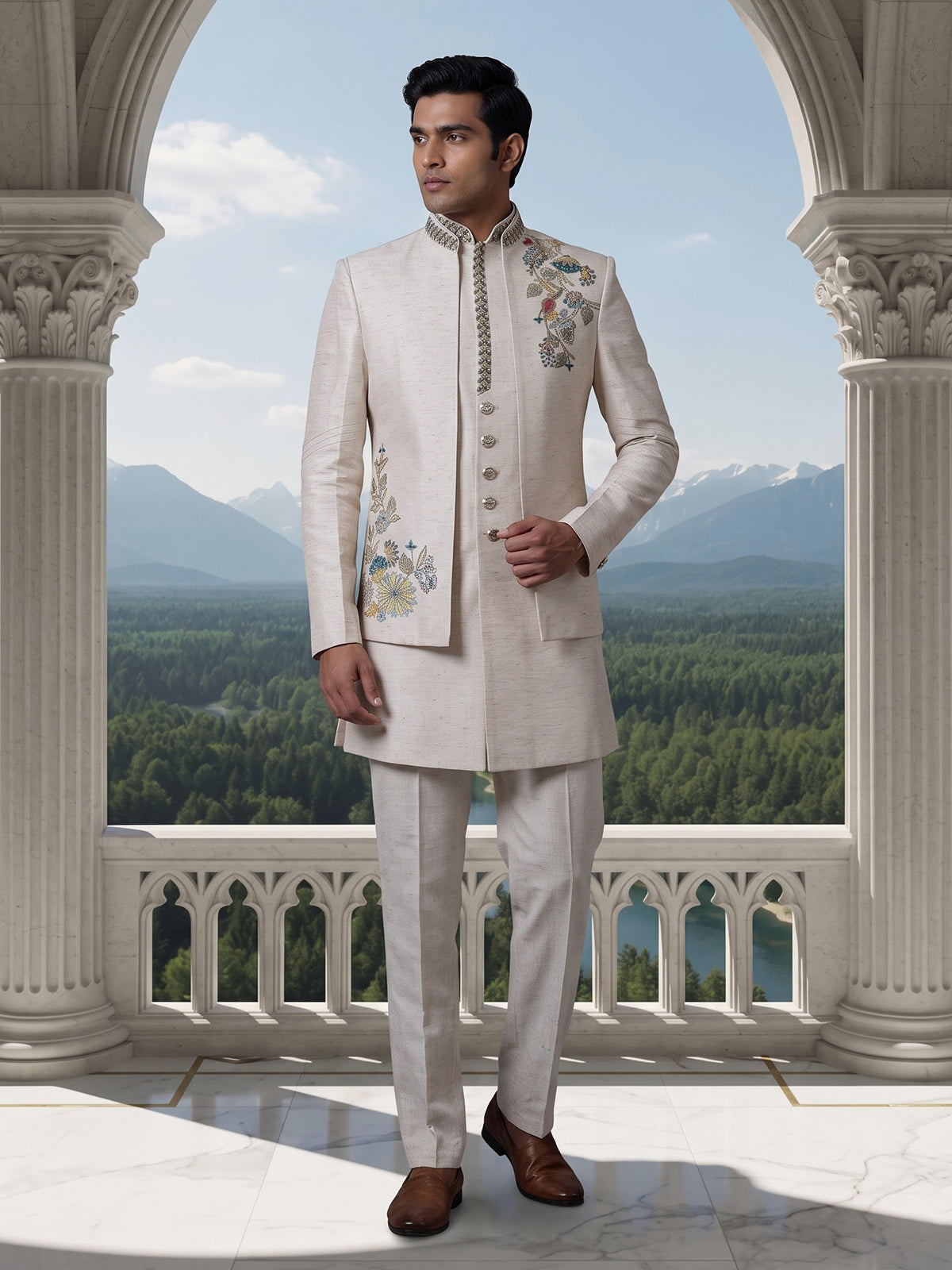 Cream artistic mens matka silk indo western