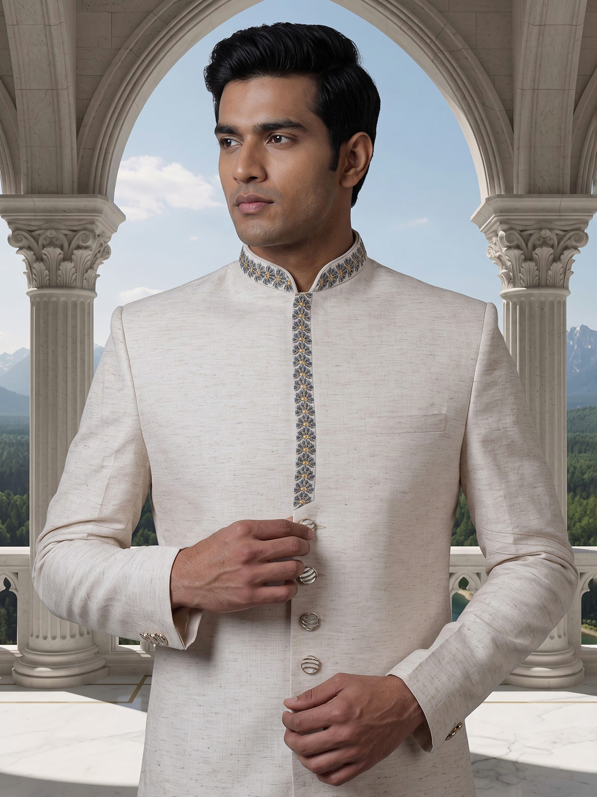 Cream artistic mens matka silk indo western