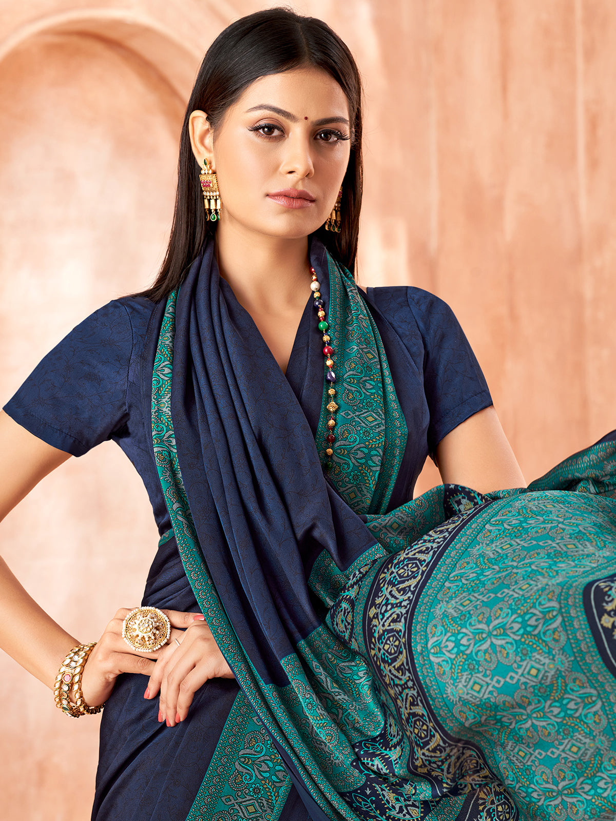 Navy blue printed contrast border and pallu crepe silk saree