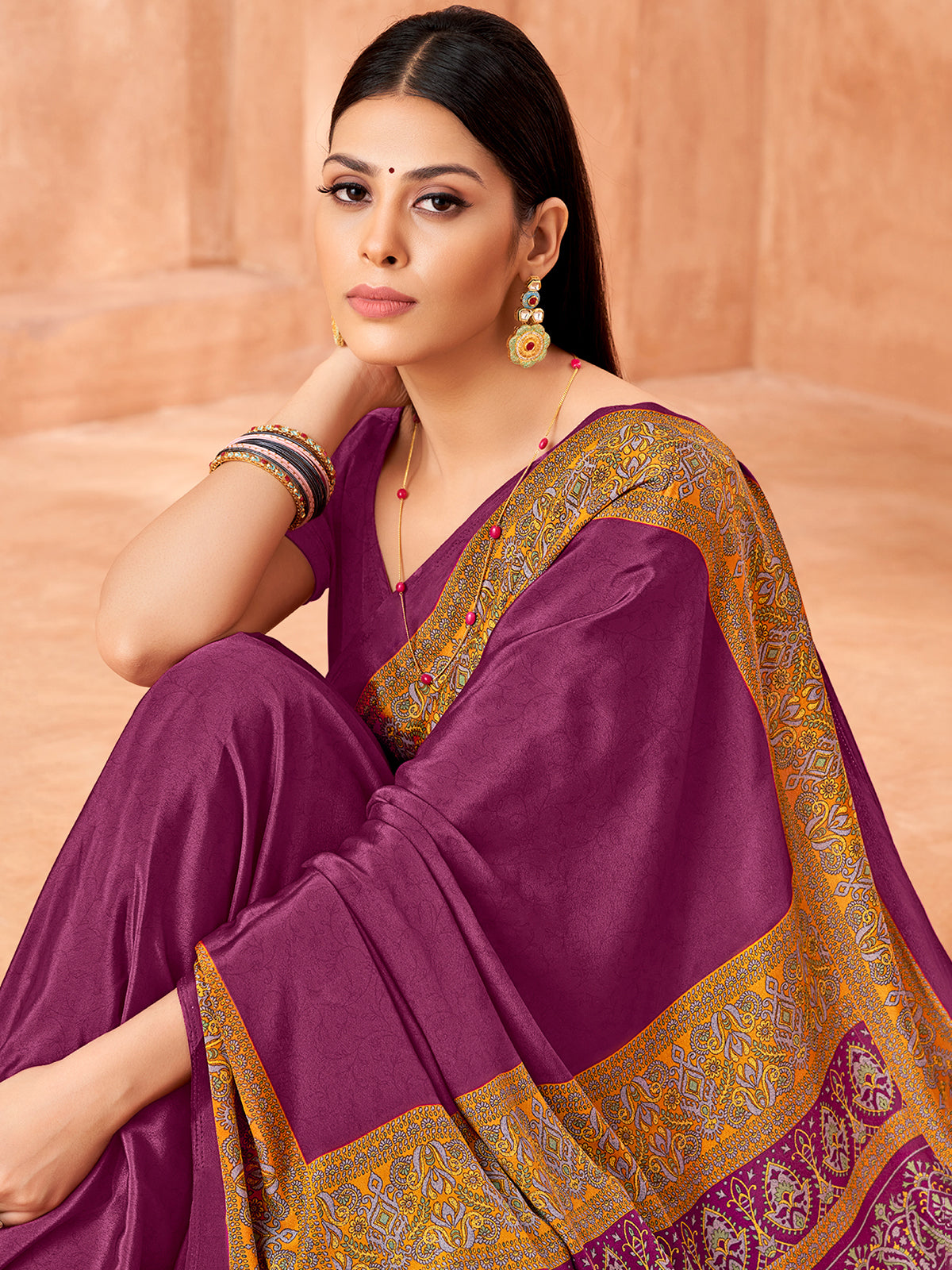 Purple printed contrast border and pallu crepe silk saree