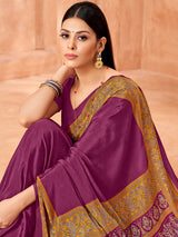 Purple printed contrast border and pallu crepe silk saree