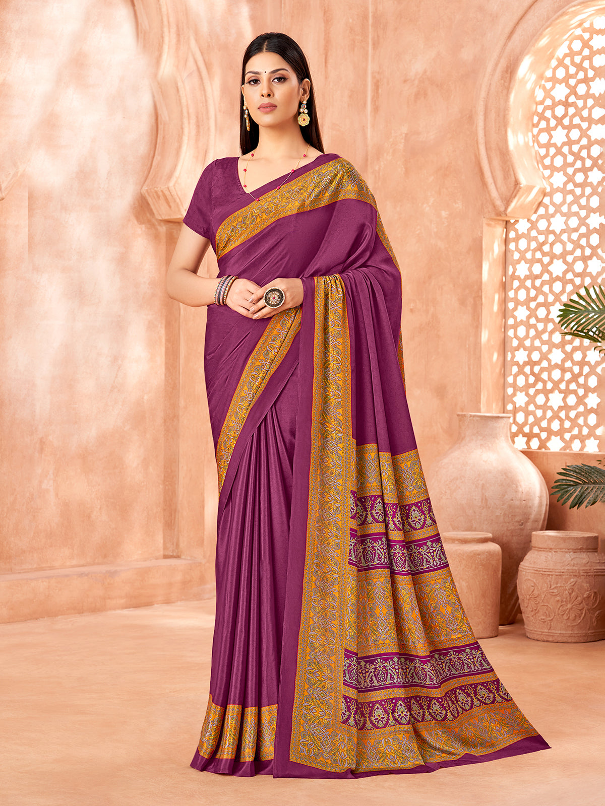 Purple printed contrast border and pallu crepe silk saree