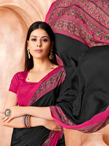 Black printed contrast border and pallu crepe silk saree