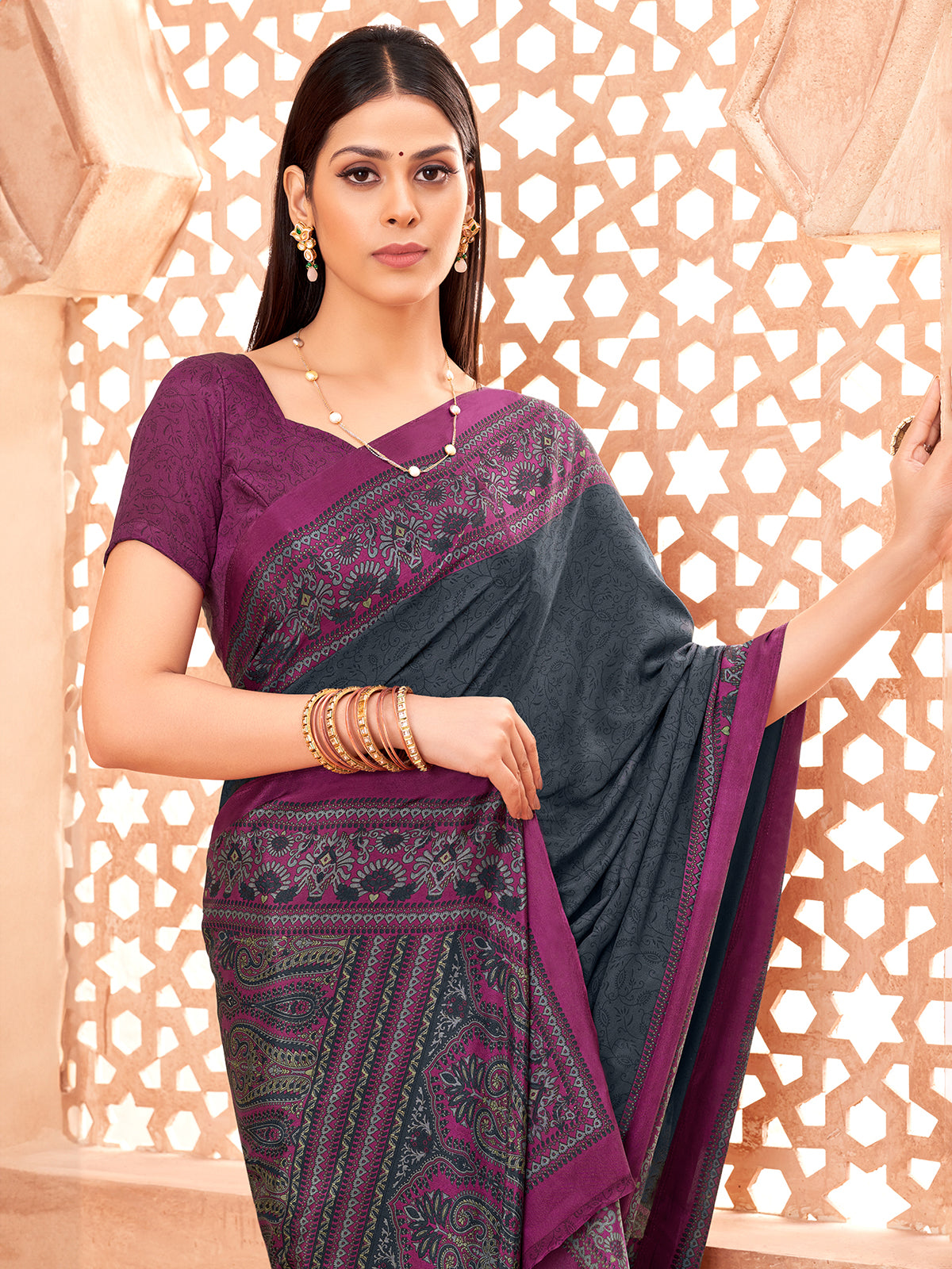 Charcoal grey printed contrast border and pallu crepe silk saree