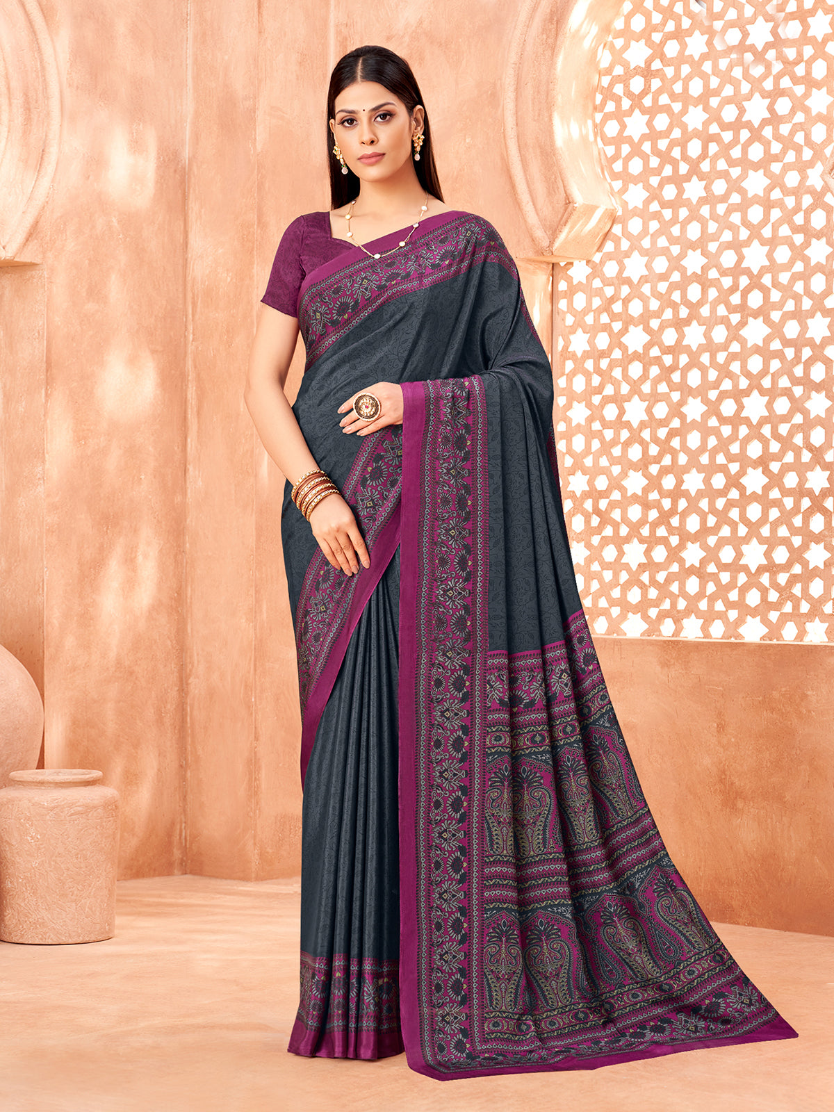Charcoal grey printed contrast border and pallu crepe silk saree