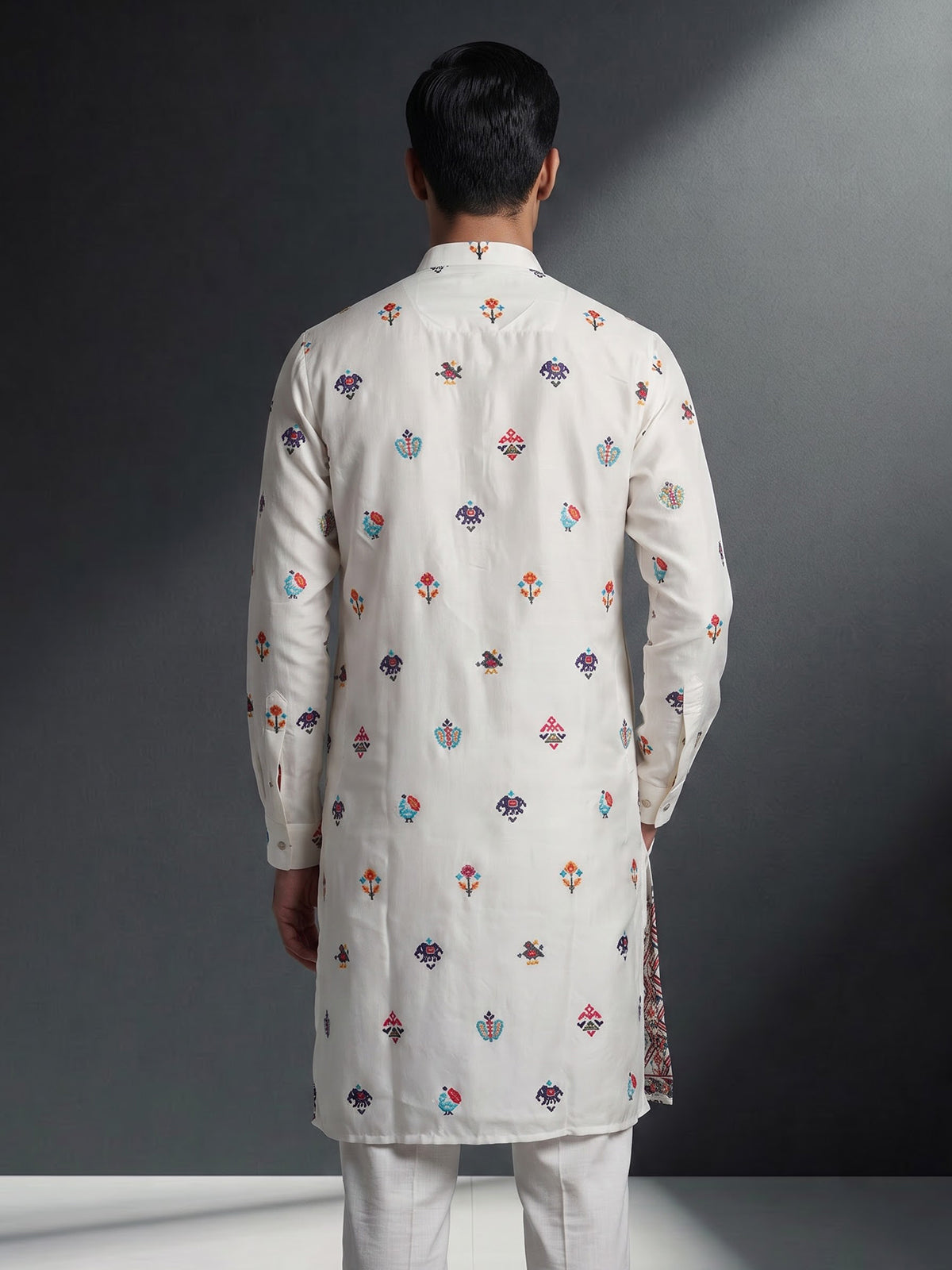 White cotton silk elephant motif festive chinese collar kurta for men